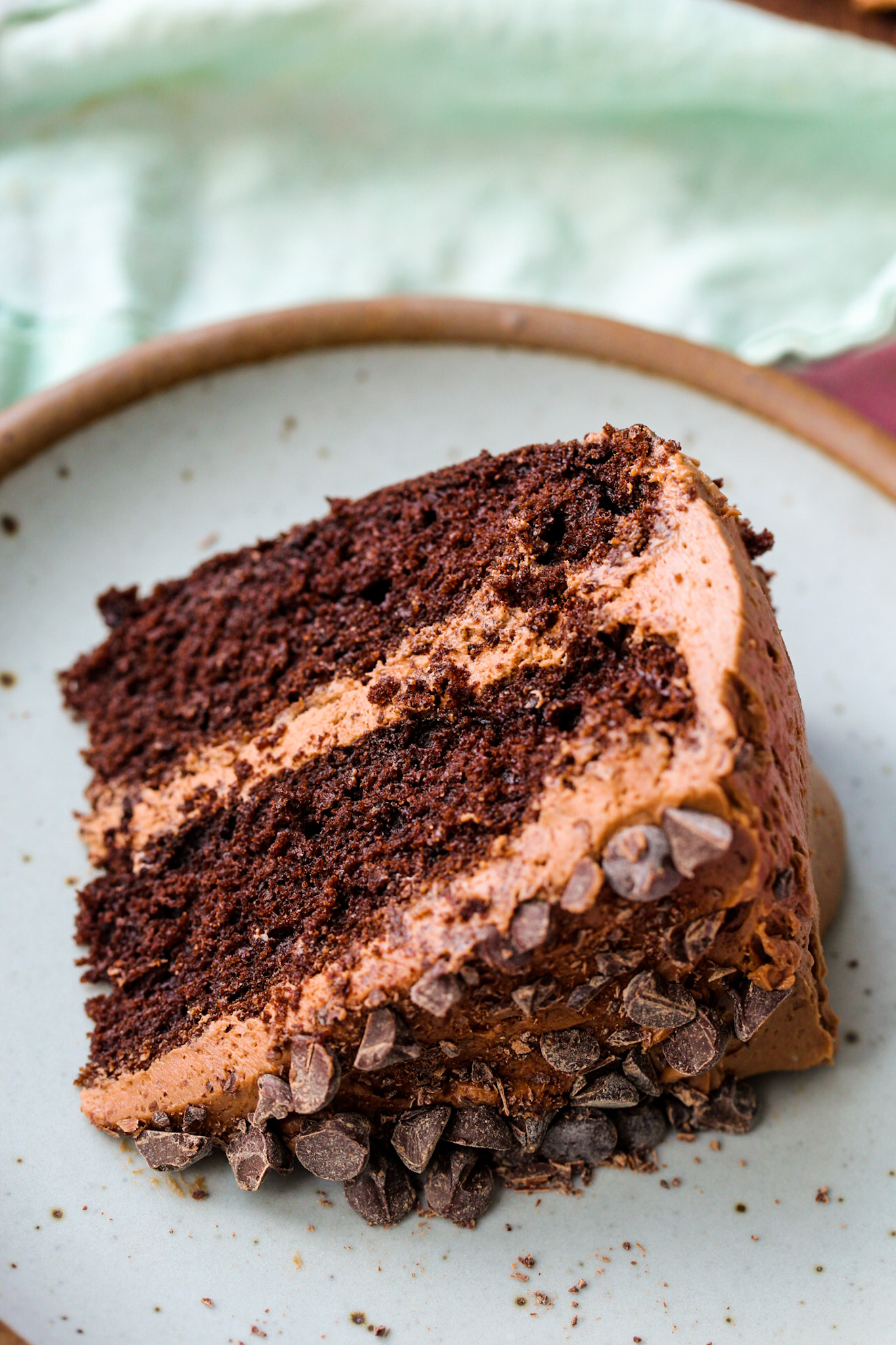 chocolate layer cake slice turquoise back